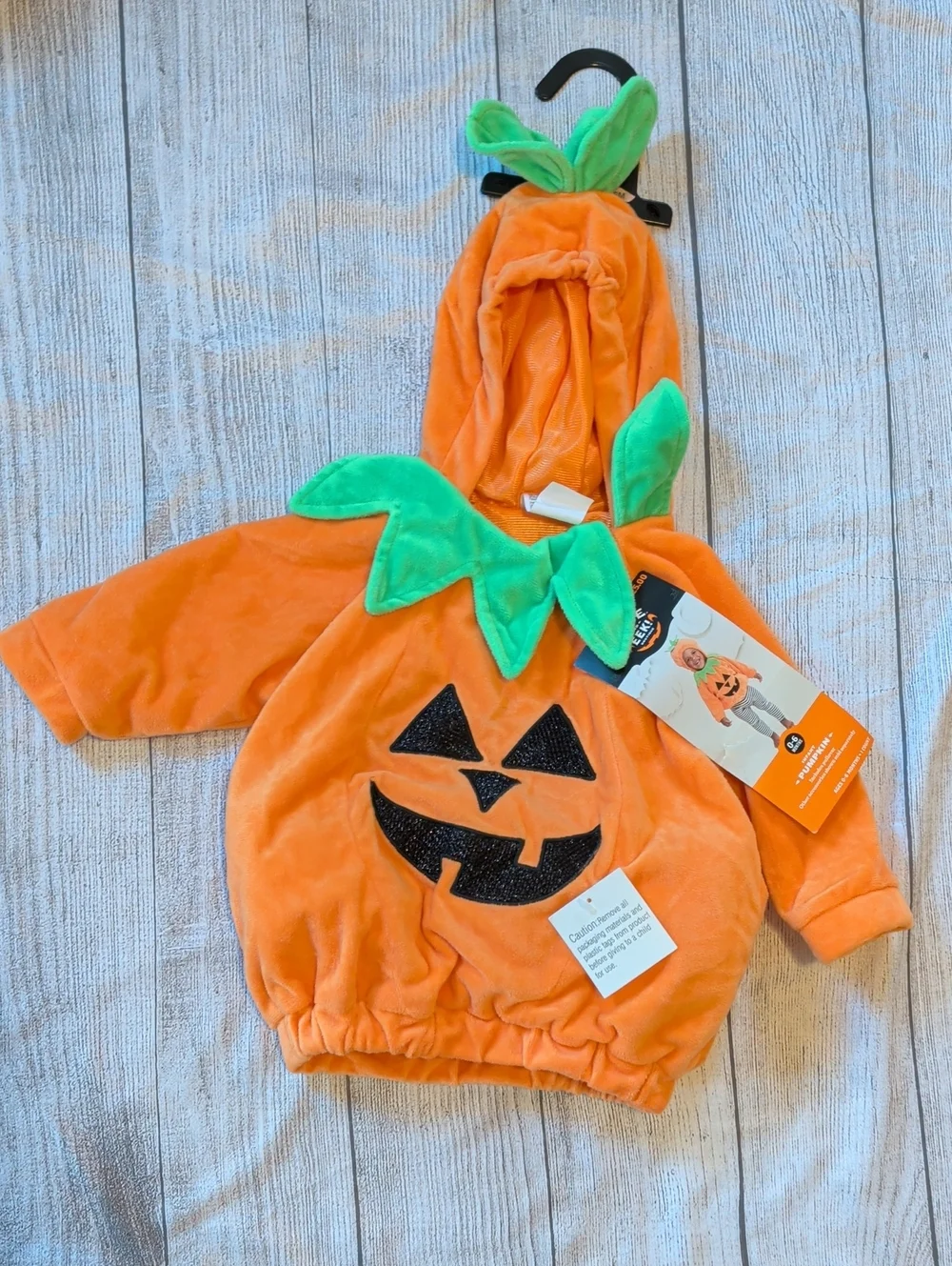 Infant Pumpkin Hoodie Costume with Green Leaf Hood